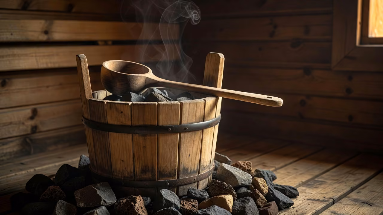 Traditional sauna bucket and ladle on hot stones