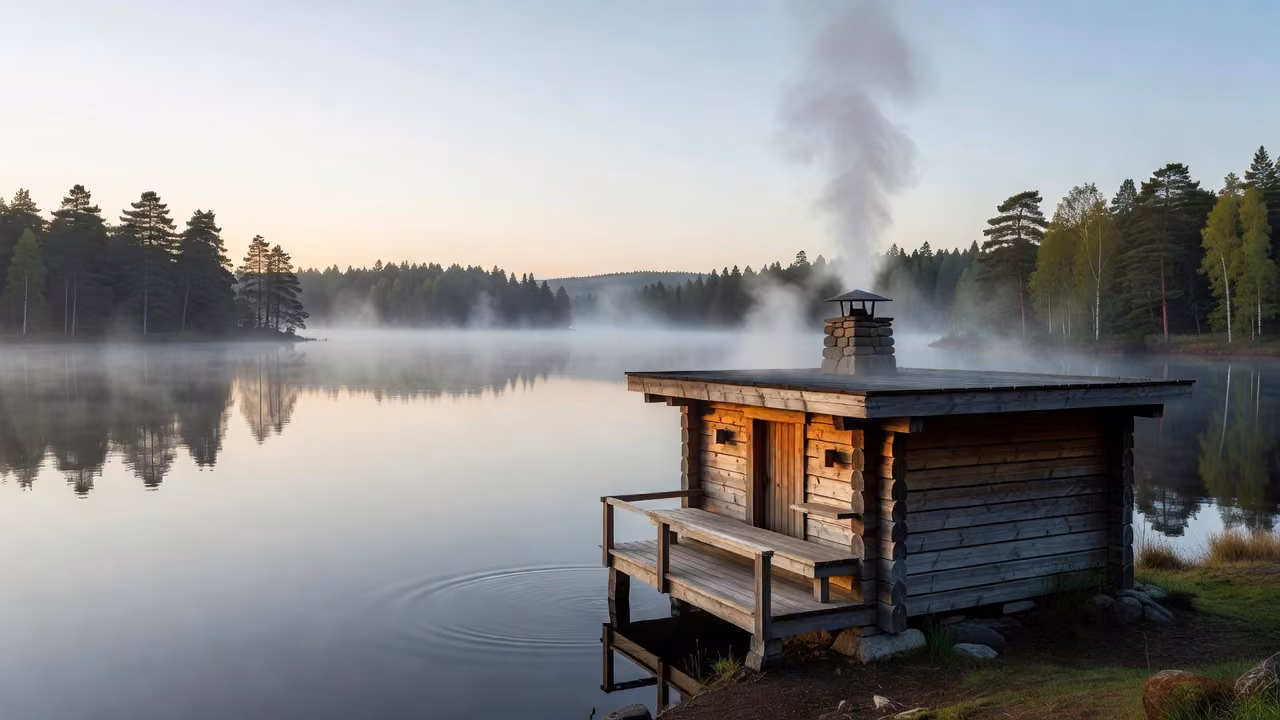 Lakeside sauna beside a cold plunge lake at dawn