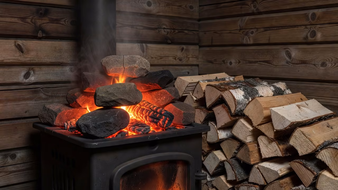 Glowing sauna stones on a wood-burning heater
