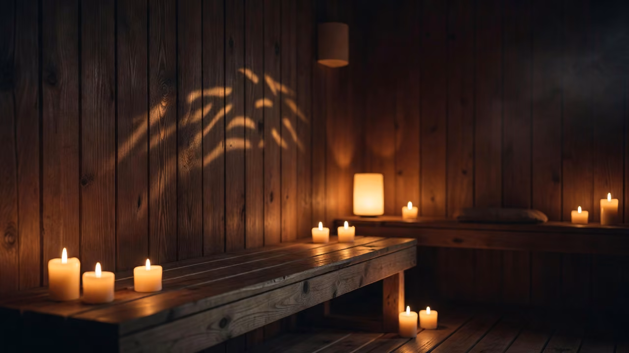 Cozy moody sauna lighting and candlelight