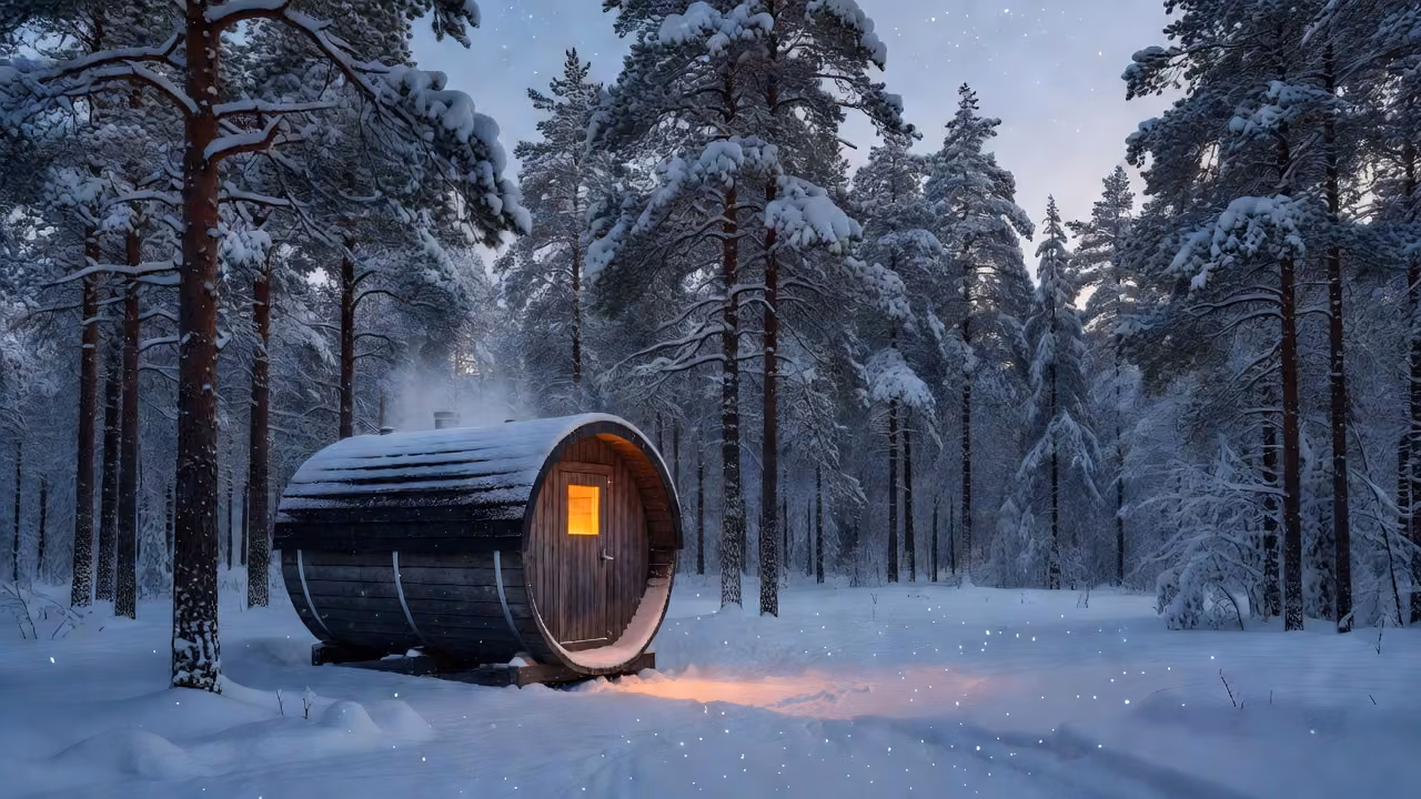 Outdoor barrel sauna in a snowy Nordic forest