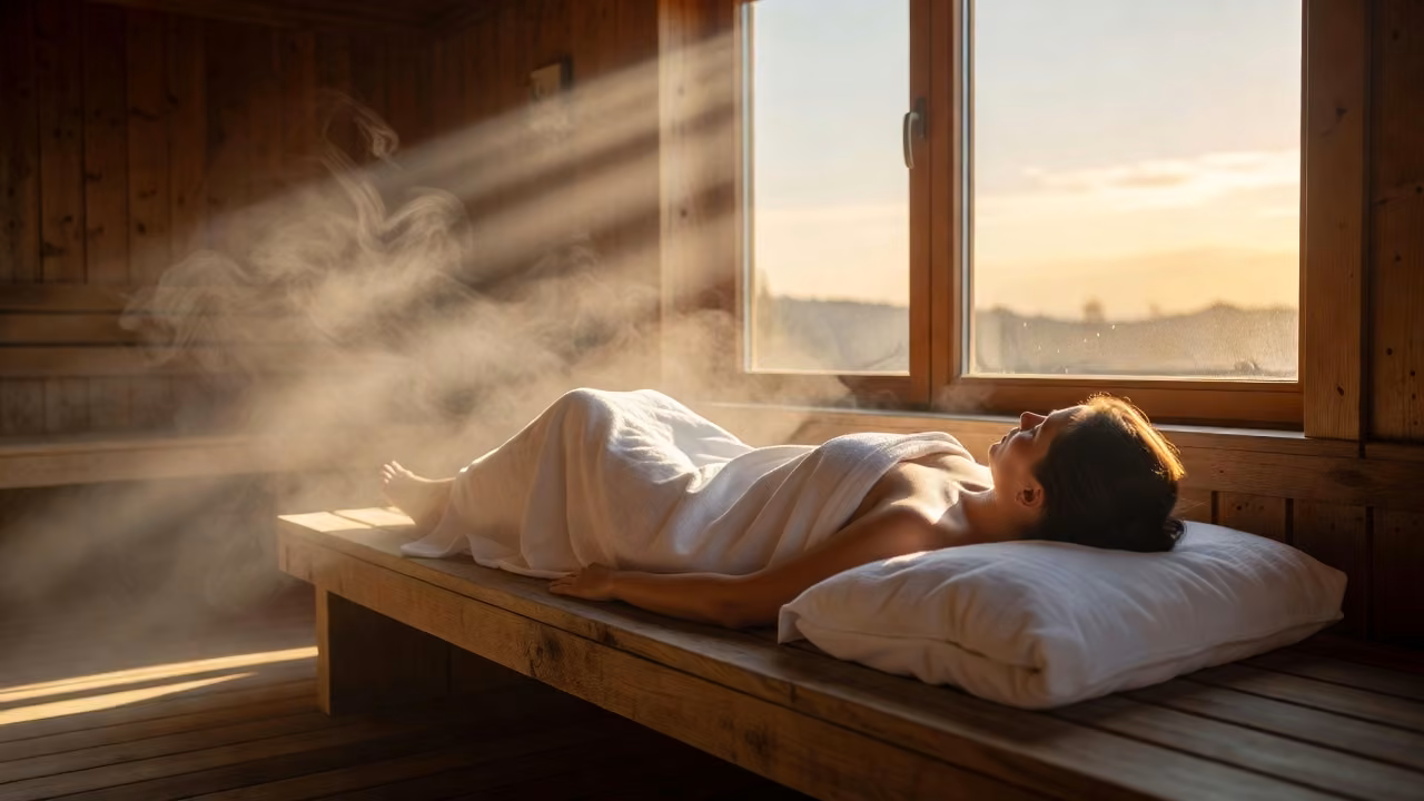 Person relaxing on a sauna bench at sunset