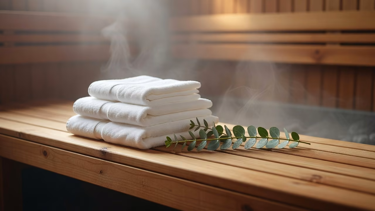 Folded towels and eucalyptus on a sauna bench