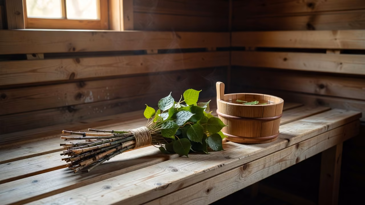 Fresh birch whisk on a wooden sauna bench