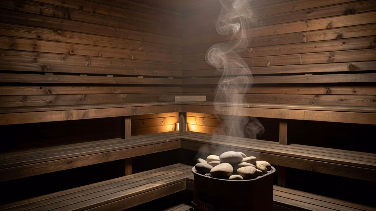 Warm wooden sauna interior with soft steam